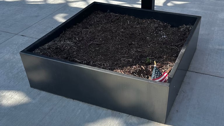 Large black rectangular planter box filled with dark mulch on concrete patio with tree trunk support