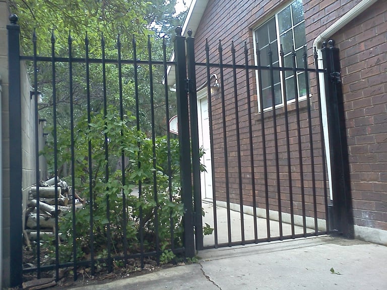 Two black metal security gates on a brick building, with green ivy vines growing through the left gate