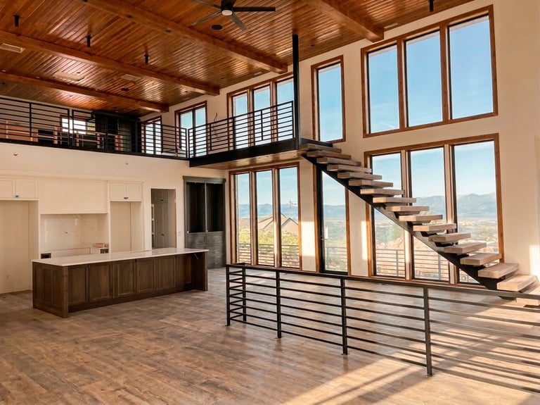 Modern loft interior with wooden ceiling, metal staircase, large windows overlooking mountains, and open kitchen area