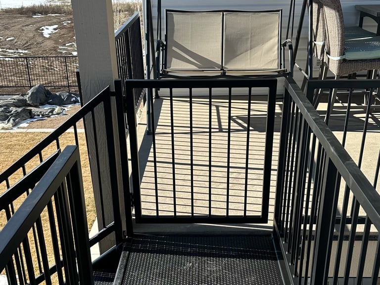 Black metal livestock gate with ramp and railings in outdoor farm or rural setting