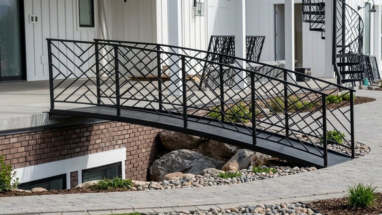 Modern black metal ramp with geometric lattice railings leading to a brick building entrance